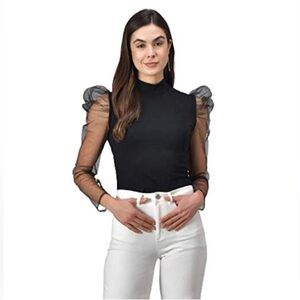 Black High Neck Sheer Juliet Sleeve Size L‎ (337)